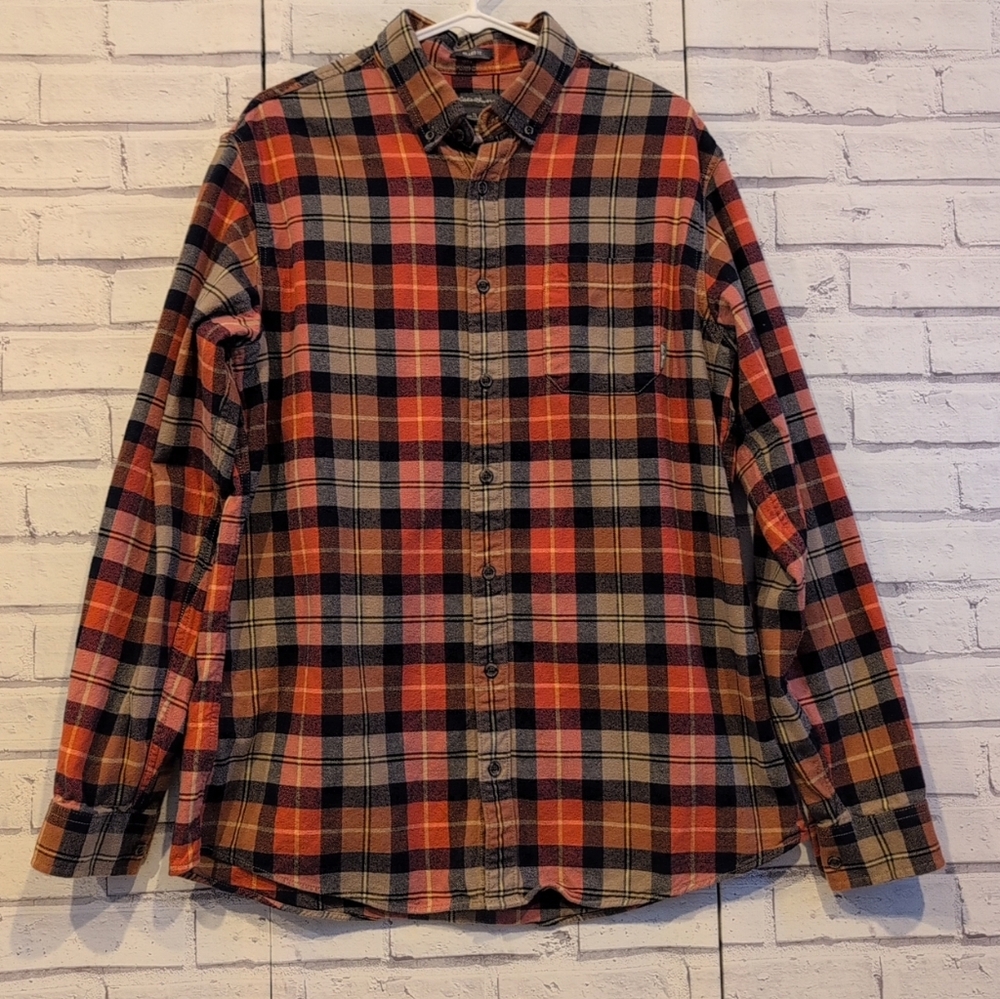 Eddie Bauer Men's Size TL Flannel Shirt Button Down Orange Blue Tan Pocket